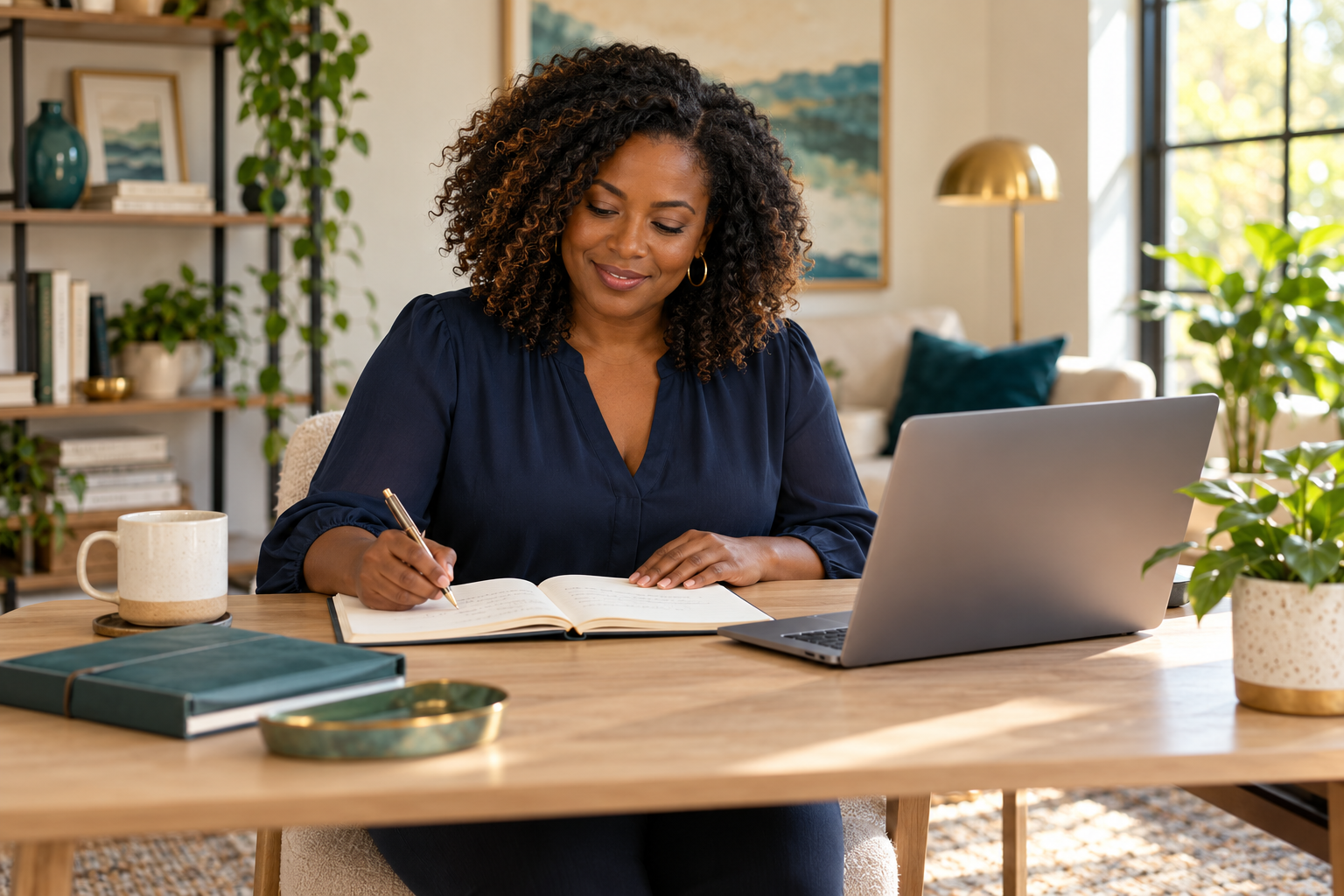 A Black professional reflecting and planning beside her laptop.